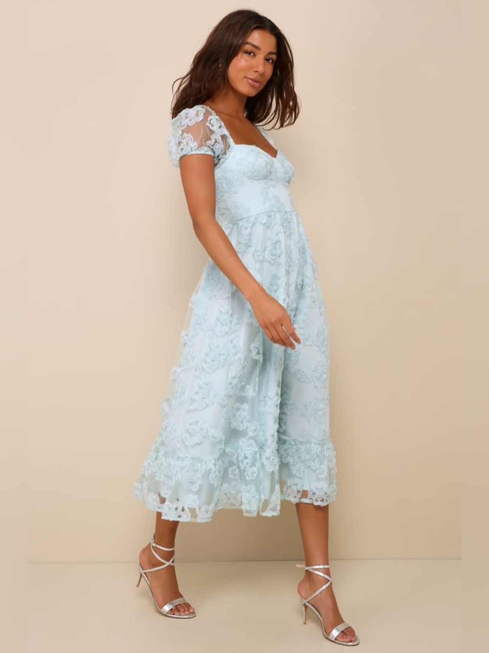 NWT Lulus Notable Elegance Mint Mesh Floral Applique Bustier Midi Dress Large - Picture 2 of 10